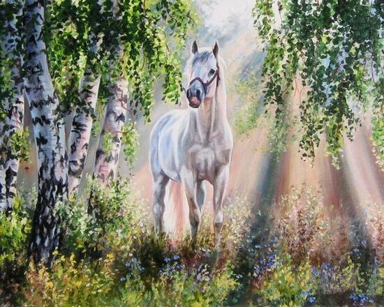 Алмазная мозаика 40x50 Белый конь в солнечных лучах среди берез