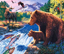 Лось и бурые медведи у бурной реки