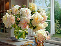 Без бренда «Ваза с букетом белых пионов у окна» в Саранске