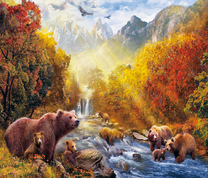 Бурые медведи на реке в осенний день