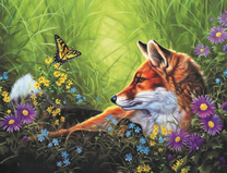 Лиса среди бабочек и цветов