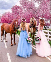 Красивые девушки с лошадьми у цветущих сакур