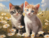 Два котенка на поле с ромашками