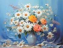 Букет полевых цветов в голубой вазе 