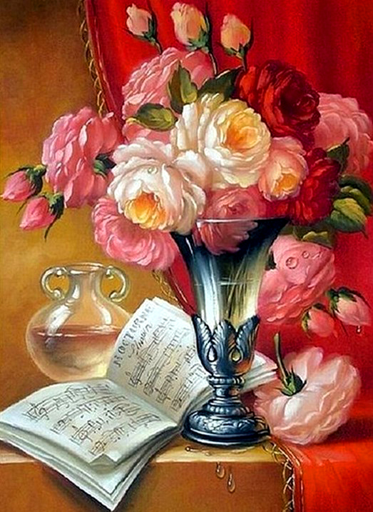 Картина по номерам 40x50 Серебрянная ваза с букетом роз
